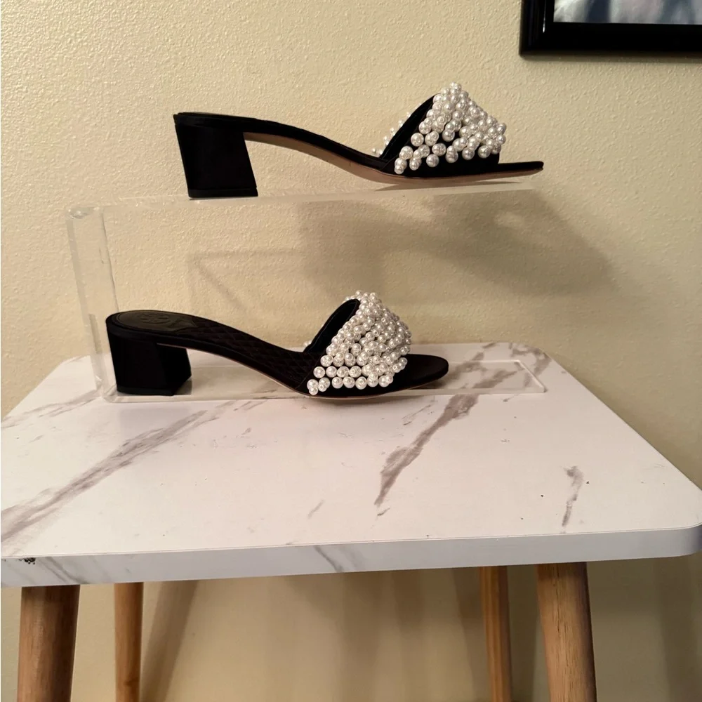Tory Burch Black Sandal Heels with Pearl Fringe